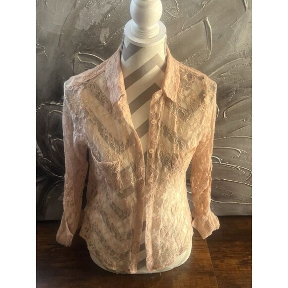 Light Pink Lace Feminine Western‎ Shabby Chic Boho Button Up Blouse Top~ Size M - Picture 1 of 15